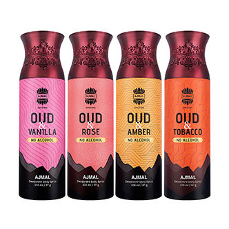 Ajmal India Non-Alcoholic Oud Amber, Rose, Tobacco & Vanilla Deodorant Combo