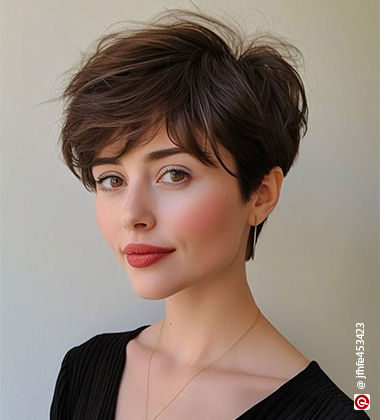women wearing a red lipstick and pxie cut
