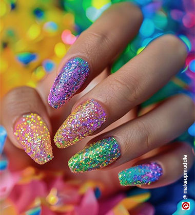   nail art for Diwali - rainbow glitter  