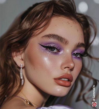 Woman wearing a pearl earring looking over her right shoulder with purple eyeshadow