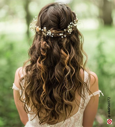 woman with twisted hair strands with flowers in them