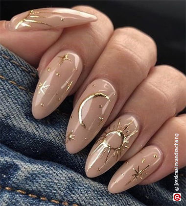 golden red nail art - celestial gold